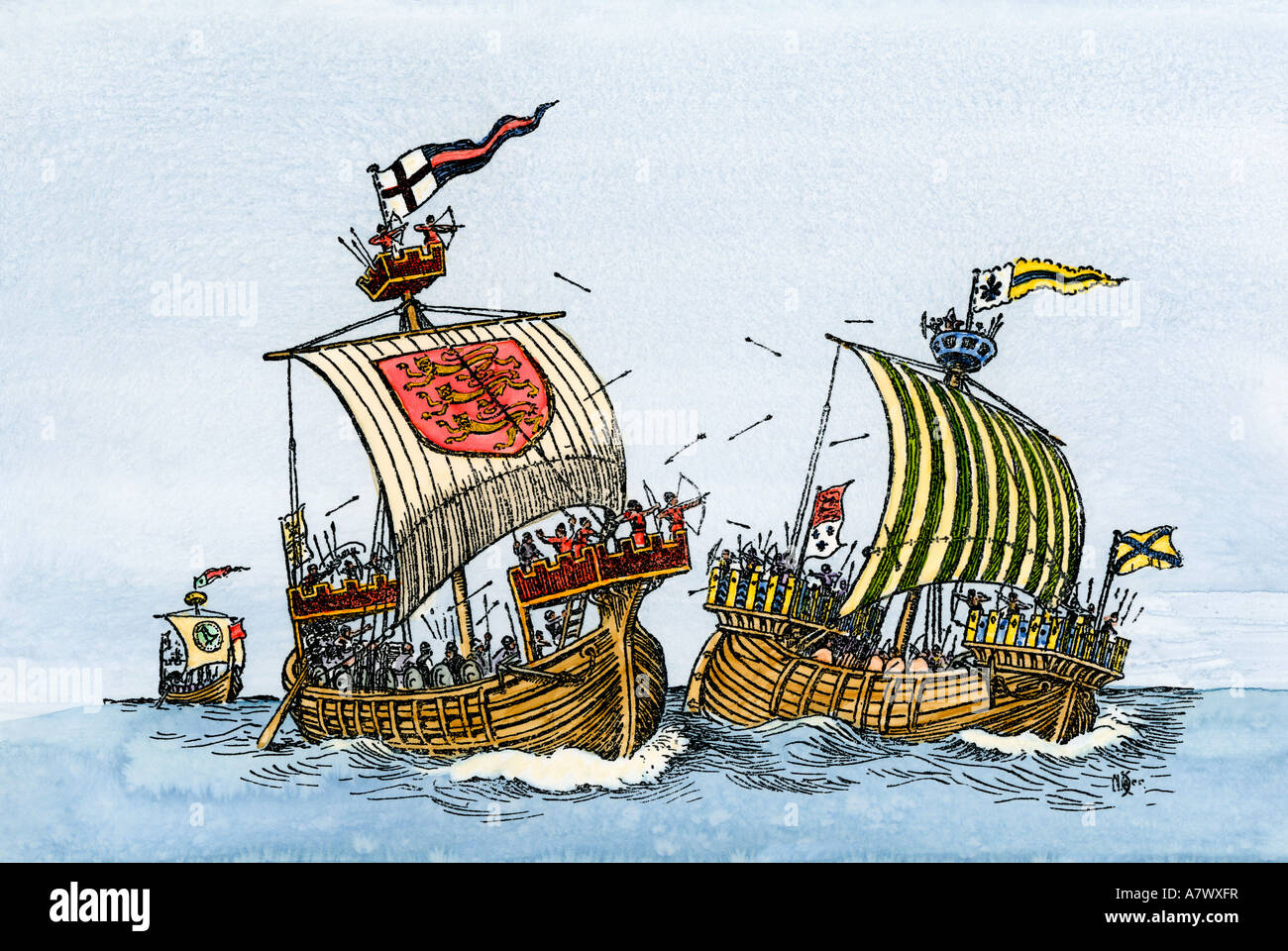 European ships of the 13th century with forecastles, sterncastles, and