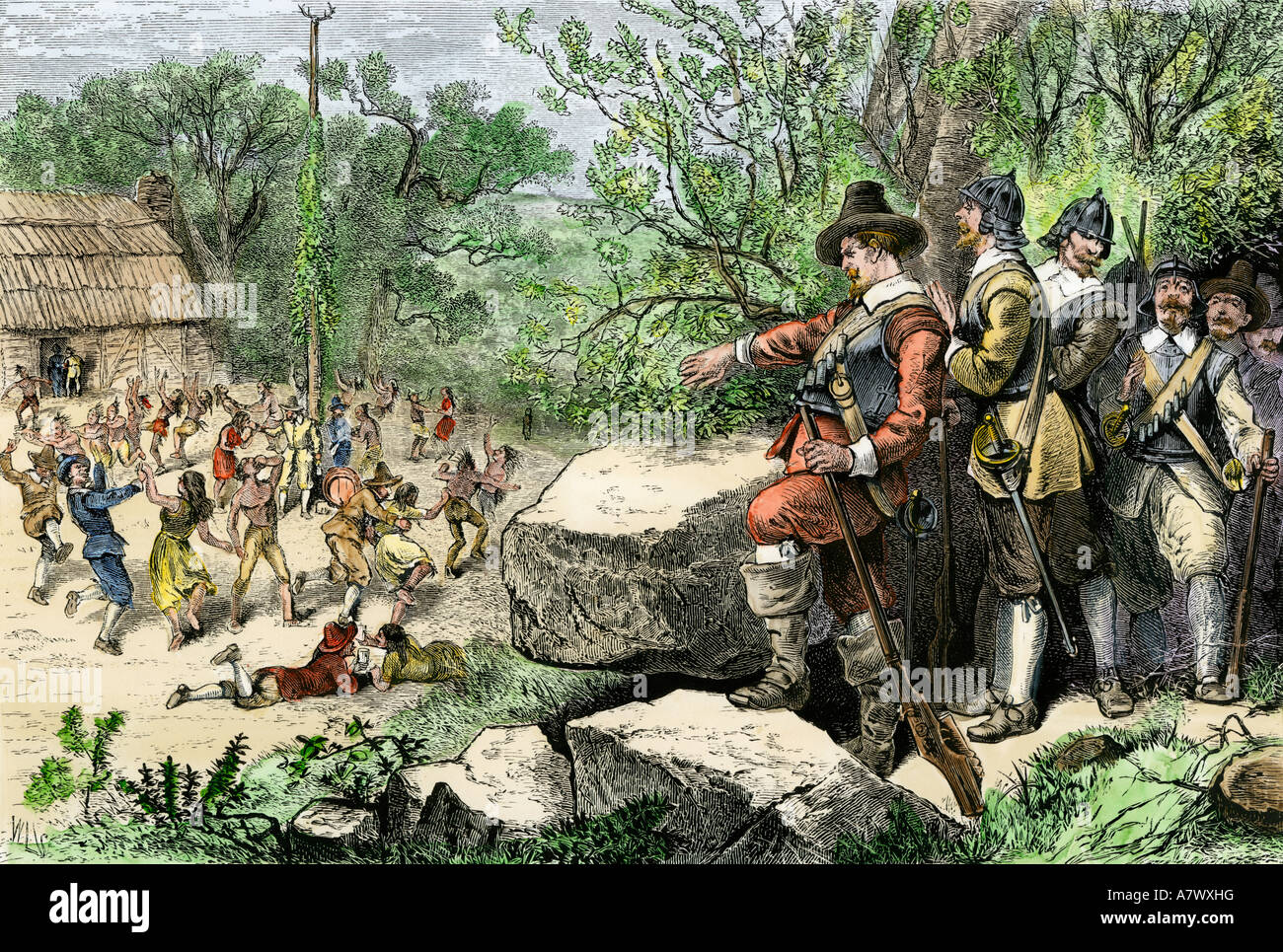 Arrest of revelers at Merrymount Colony in Puritan Massachusetts 1600s. Hand-colored woodcut Stock Photo