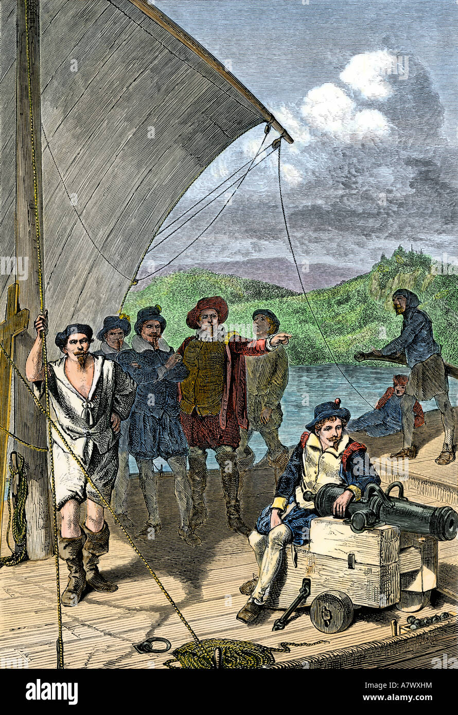 English explorers sailing up the Penobscot River on the coast of Maine 1500s. Hand-colored woodcut Stock Photo