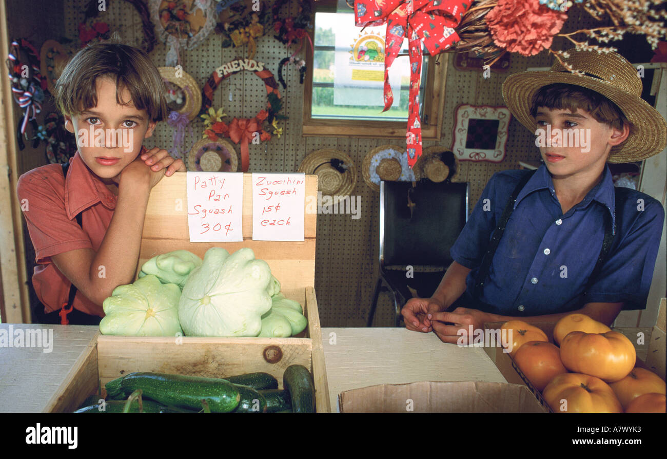 United States, Pennsylvania, young Amish brothers selling vegetables