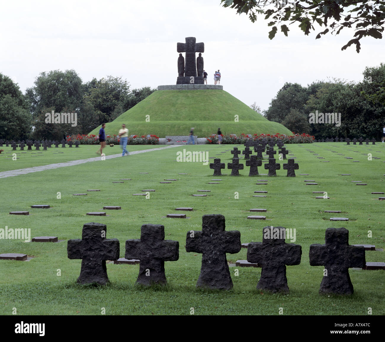 Granite crosses and memorial mound at the German military Cemetary La Cambe Calvados Normandy France Stock Photo