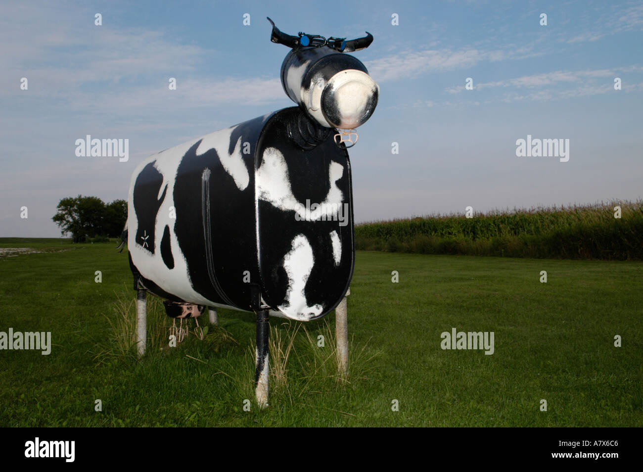 storage tank decorated like a cow at a farm in Wisconsin Stock Photo