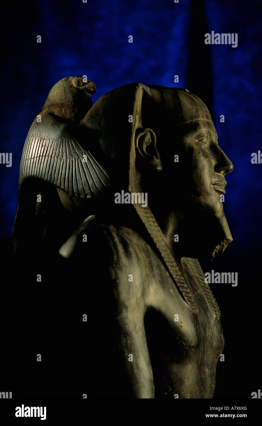 Egypt, Cairo, Egyptian Museum, Old Kingdom, Pharaoh Khafre with Falcon God Horus, Statue of diorite Stock Photo