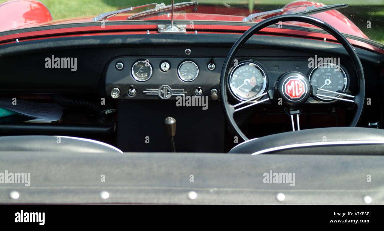 Inside of cockpit and dashboard of MG Midget car Stock Photo