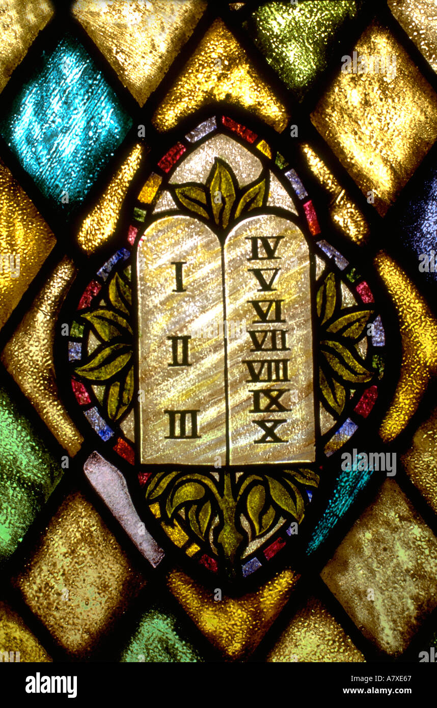 The ten commandments stained glass window. Western Springs Illinois USA Stock Photo
