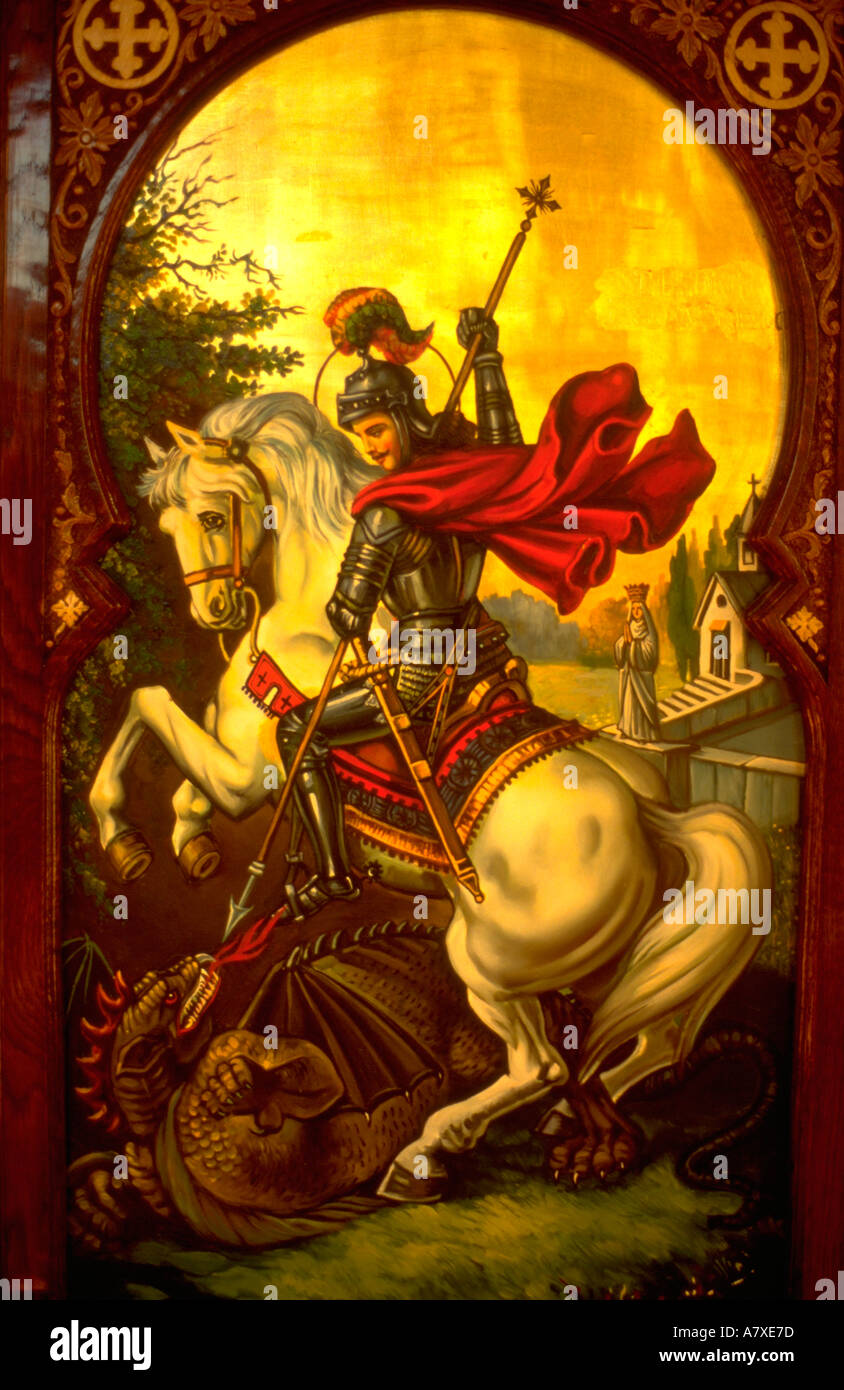 Saint George the warrior slaying the dragon on painting at Coptic Orthodox Church. Burr Ridge Illinois USA Stock Photo
