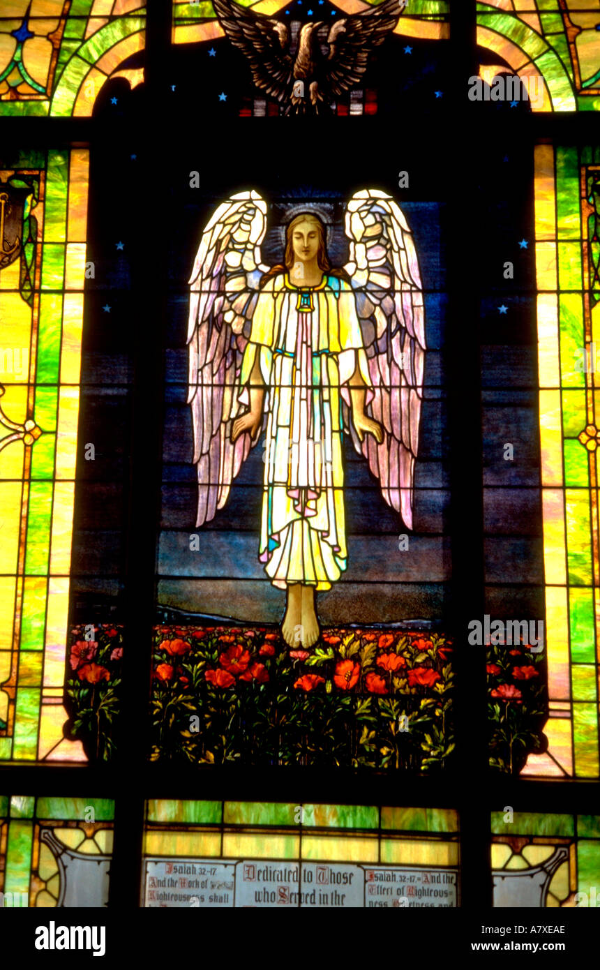 Angel on stained glass window in church. Anoka Minnesota USA Stock