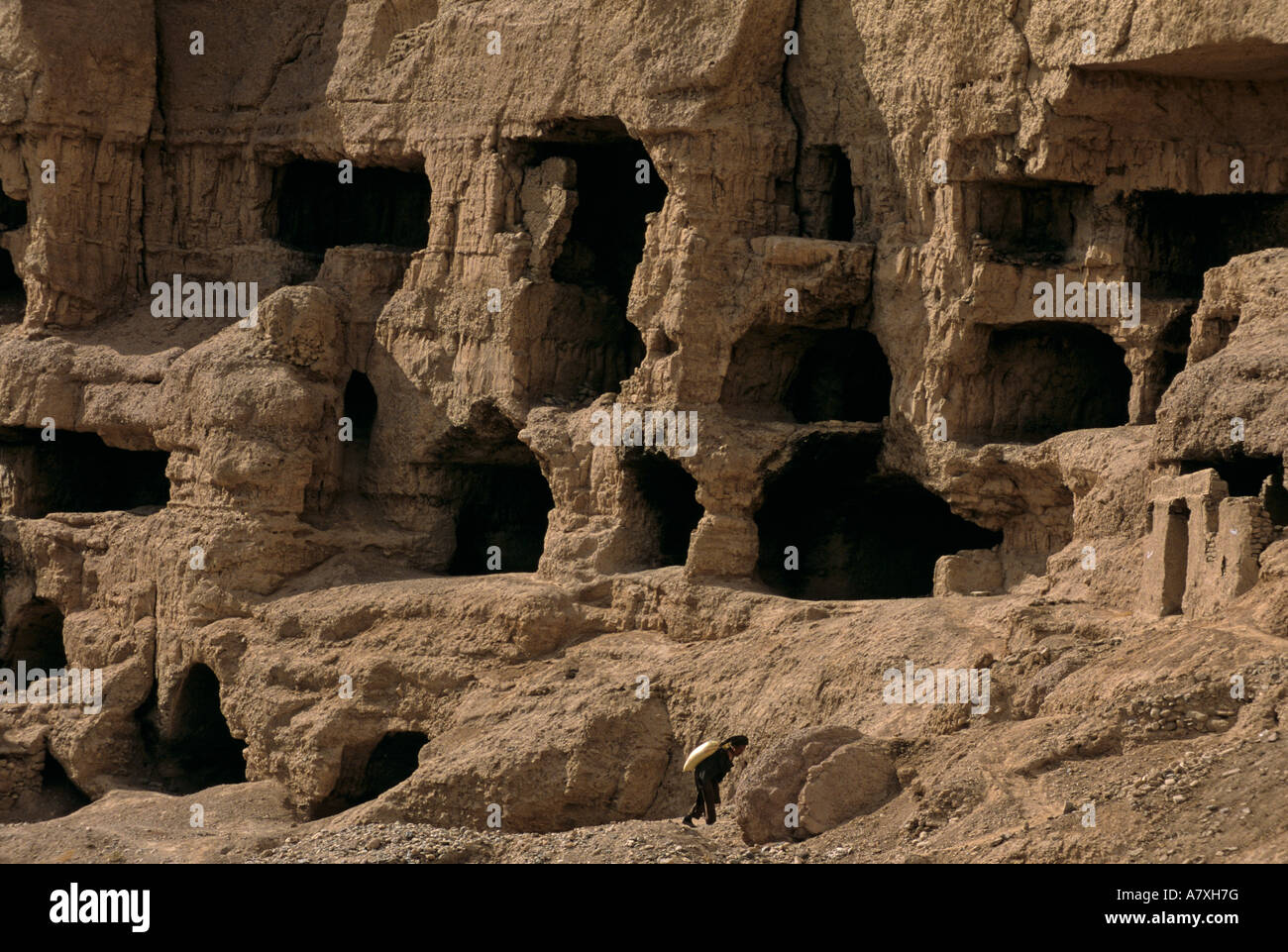 Afghanistan, Monastic Cave blackened by smoke damage due to centuries of inhabitants, UNESCO World Heritage site of Bamiyan Stock Photo