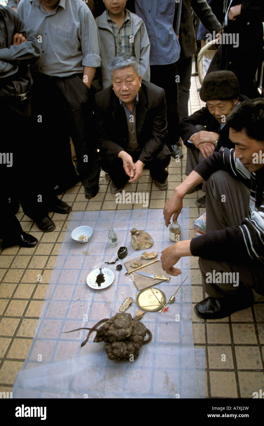 Asia, China, Zhongxian. Man with poisonous snake selling snake oil Stock Photo