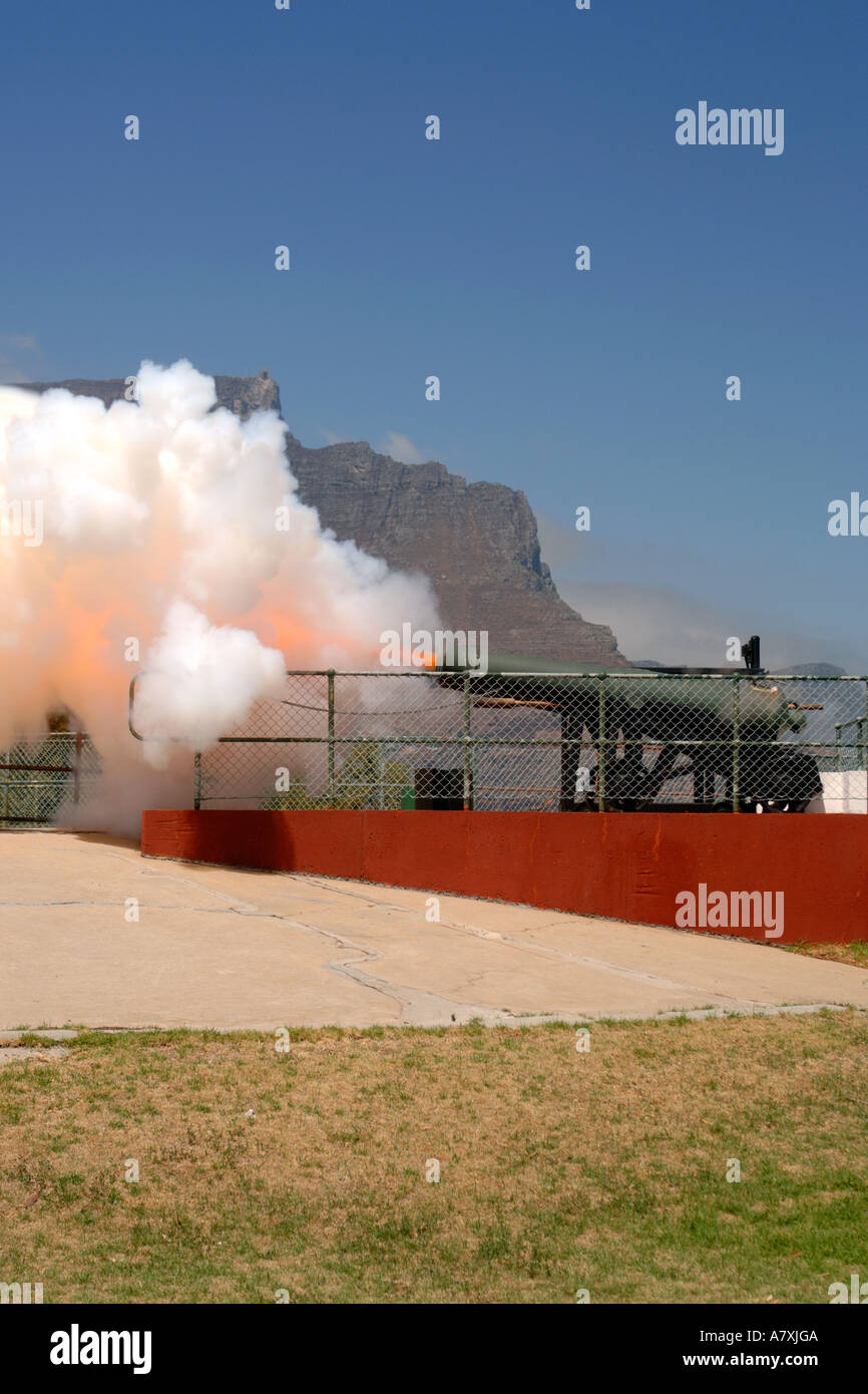 The 'noon gun' cannon firing in Cape Town, South Africa. Stock Photo