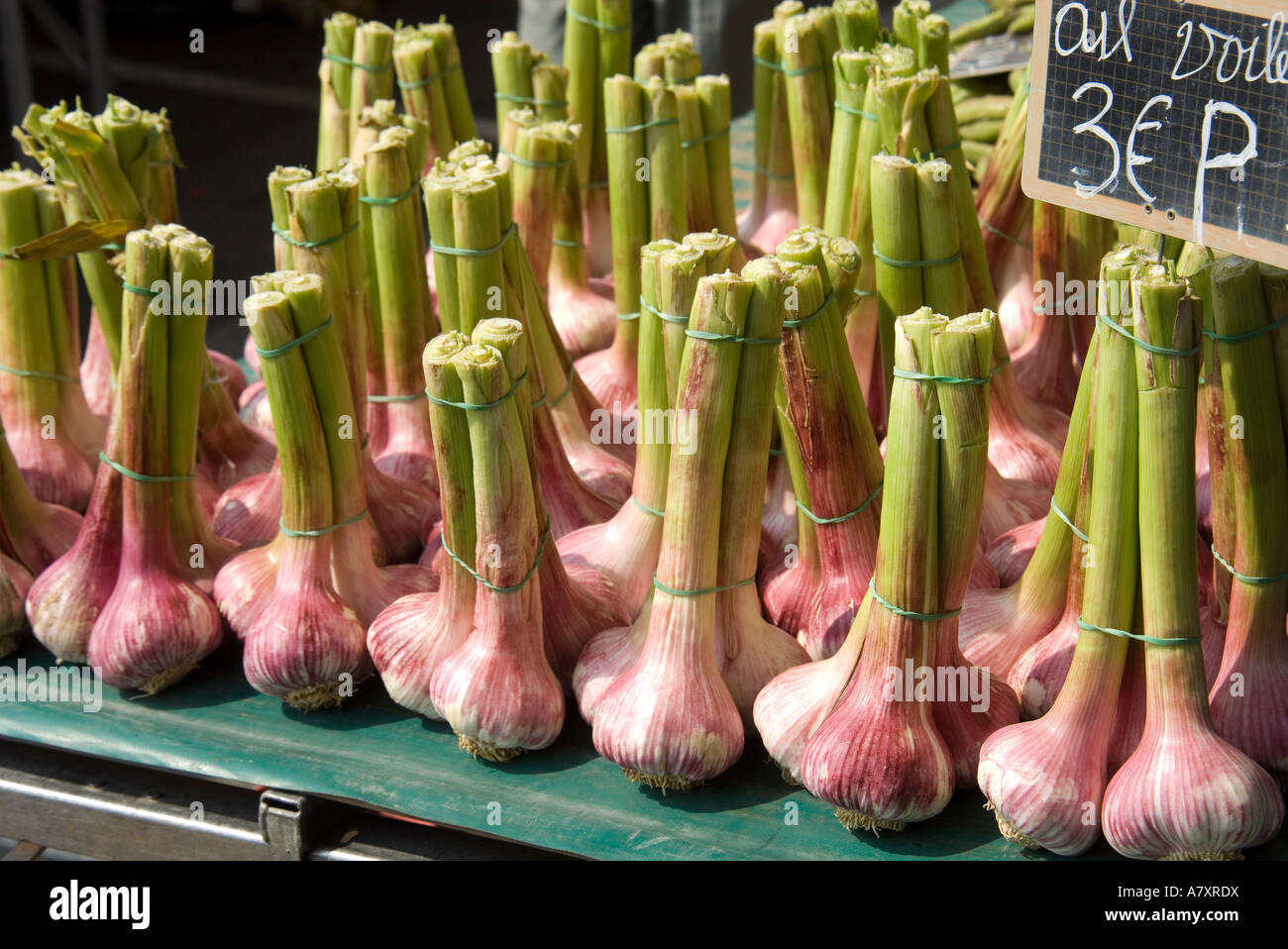 Brilliant display of pink garlic in the weekly market in Moissac Stock Photo