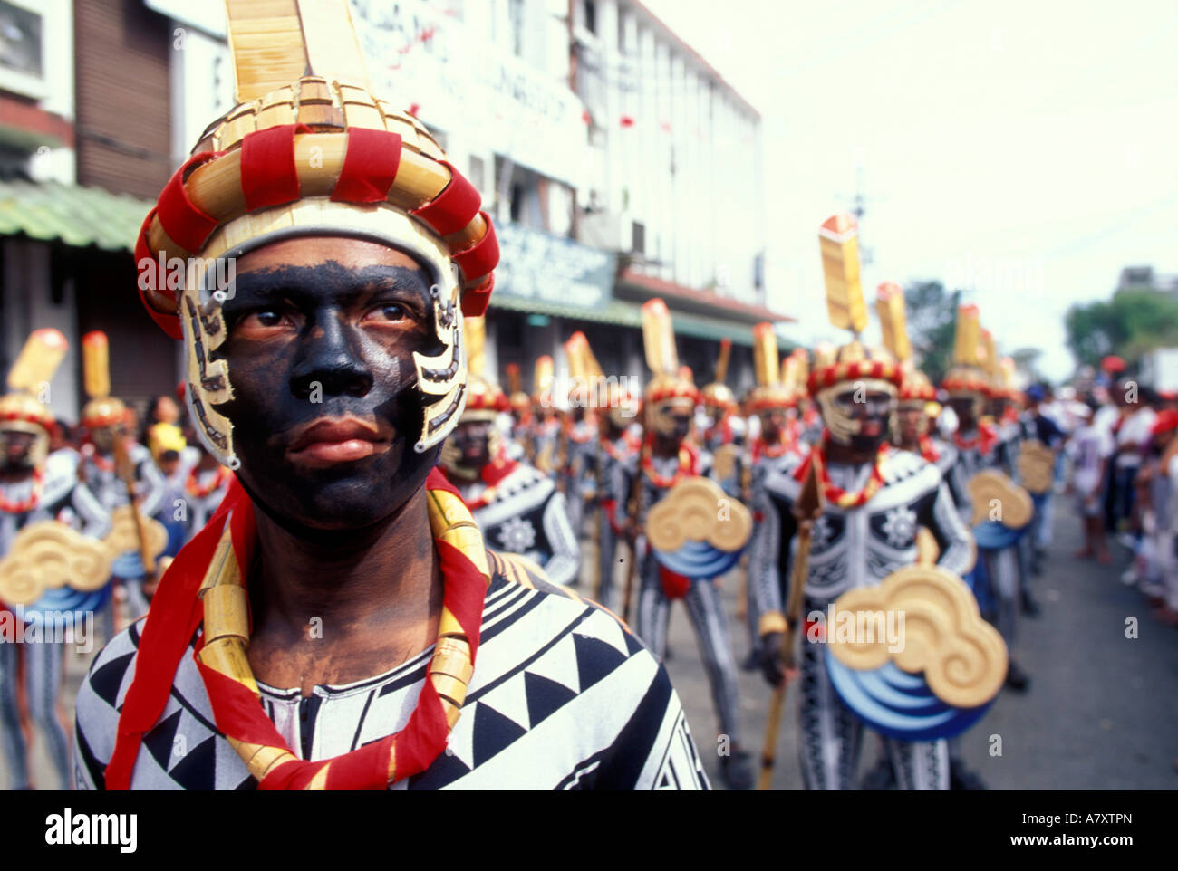 Philippines, Costumed marching band in Dinagyang Festival in Iloilo, on Panay Island. Stock Photo