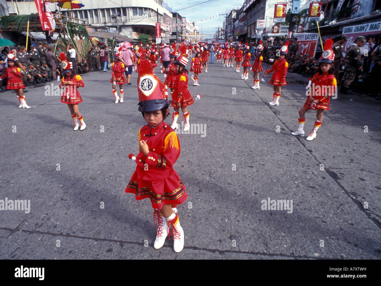 Philippines, Young majorette with marching band at start of Dinagyang Festival in Iloilo City, Panay Island Stock Photo