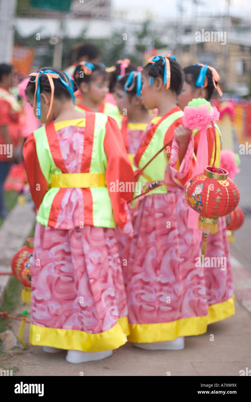 Chinese Girls at the Chinese Thanksgiving festival in traditional clothing. Stock Photo