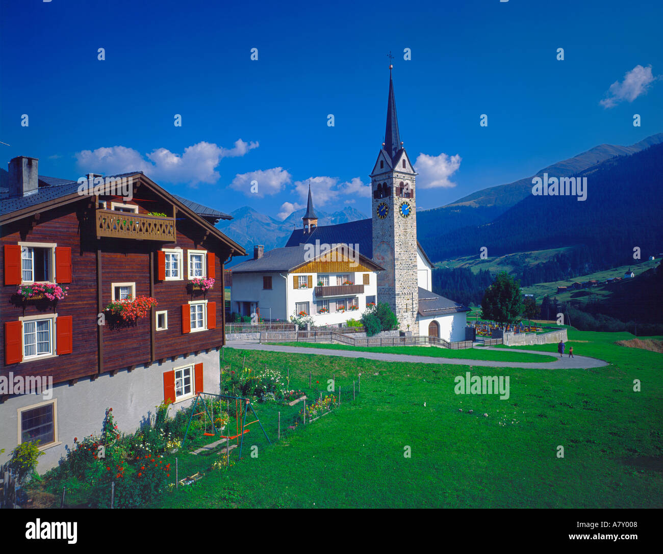 Alpine village of Sedrun Switzerland Stock Photo