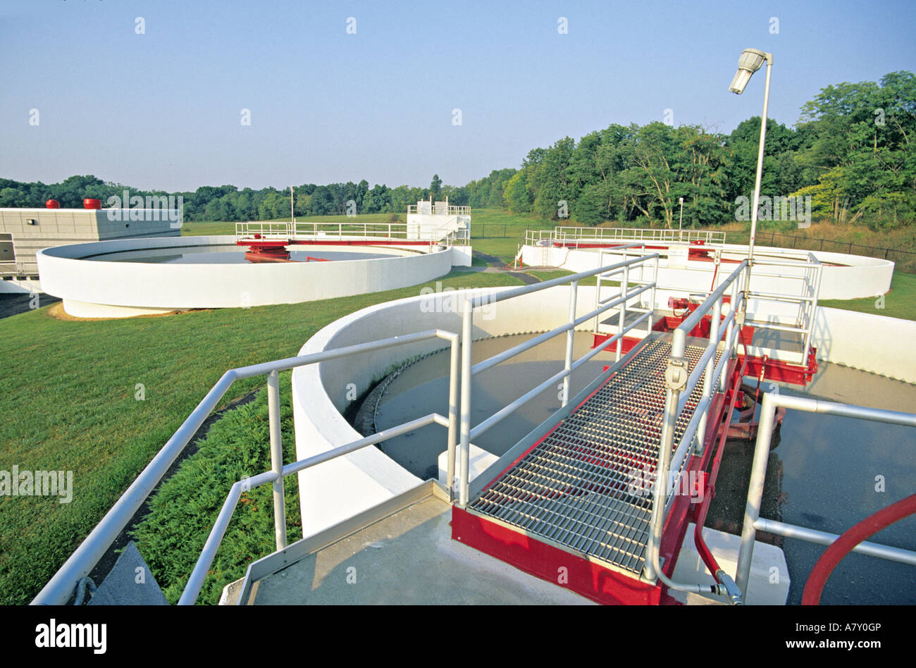 Sewage waste water treatment plant sludge thickener tank Stock Photo