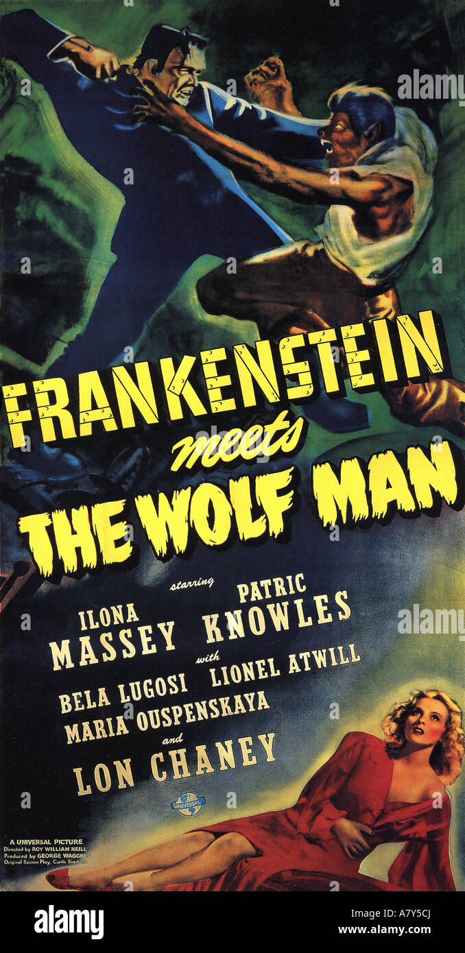 FRANKENSTEIN MEETS THE WOLD MAN poster for 1943 Universal film with Lon Chaney Jnr and Bela Lugoski Stock Photo