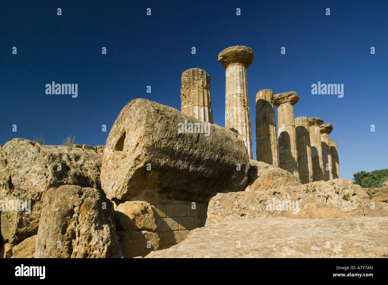 Italy, Sicily, Agrigento, La Valle dei Templi, Valley of the Temples, Ruins of the Temple of Hercules (Tempio di Ercole) Stock Photo