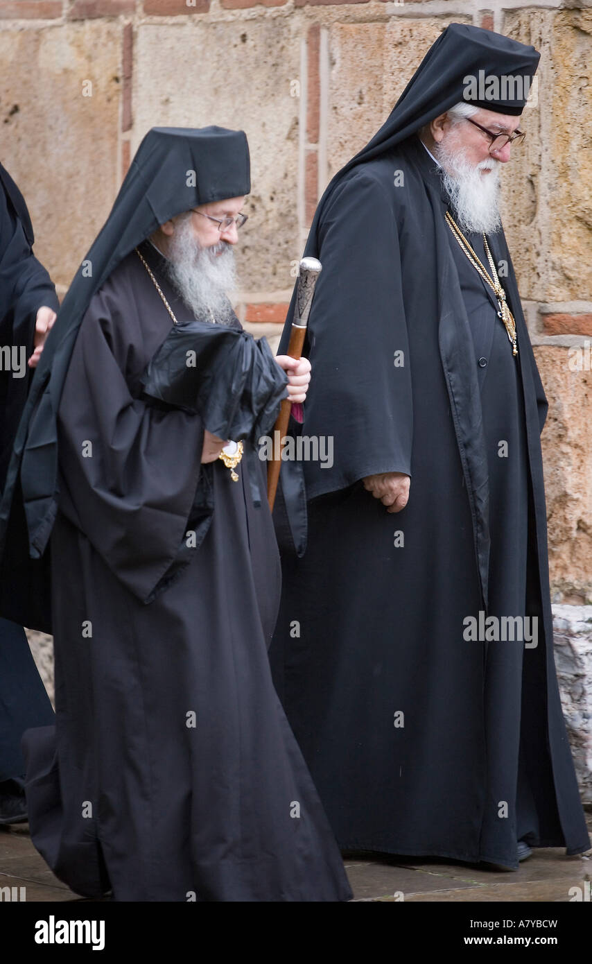 Bishop Artemije of Raska and Prizren and Nikolai of Sarajevo perform litury and ceremony for the 'slava'. Stock Photo