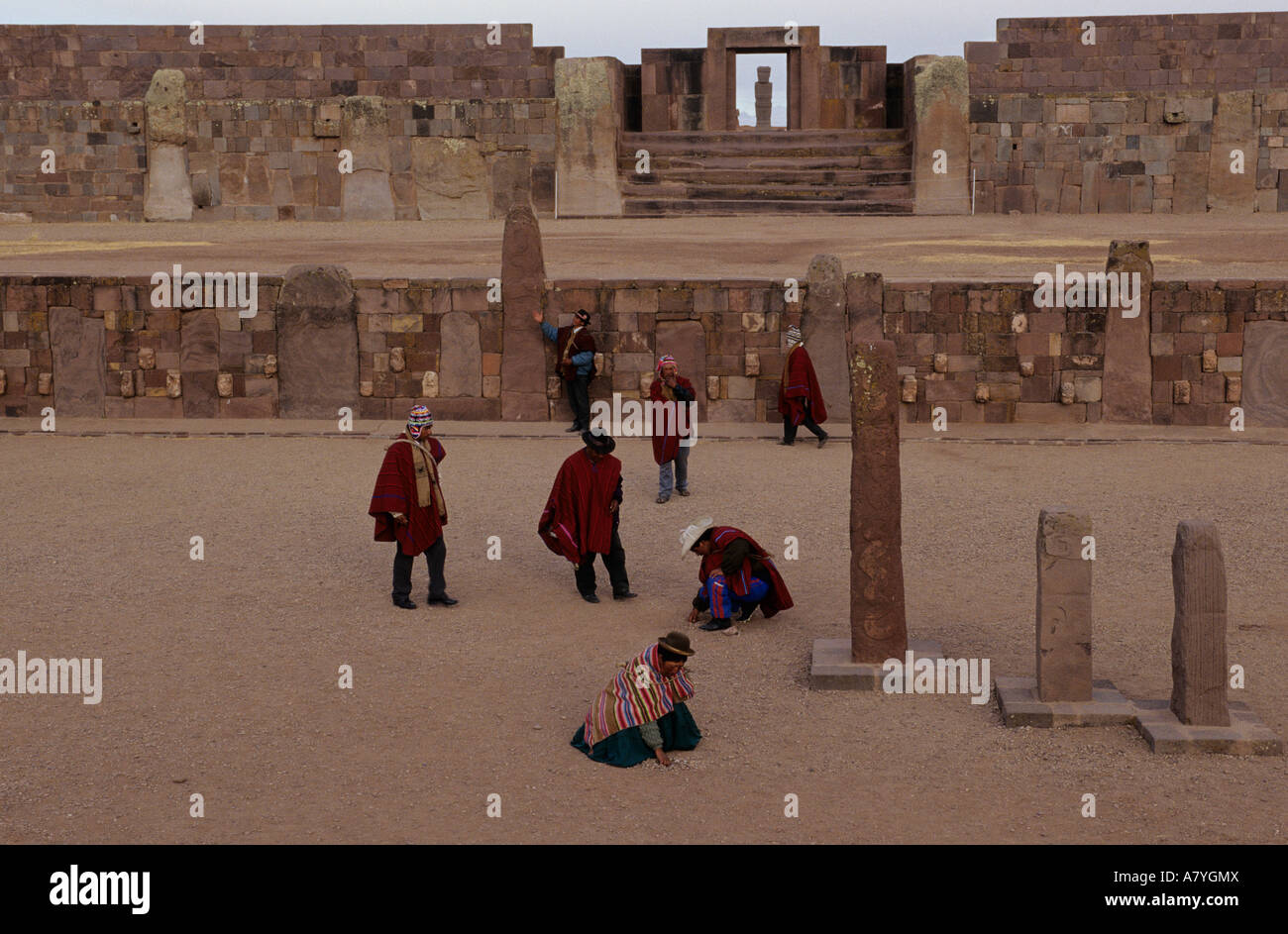 Bolivia, Empires of the Sun, Andes, Tiwanaku, Tribal Elders meet at Kalasasaya temple complex Stock Photo