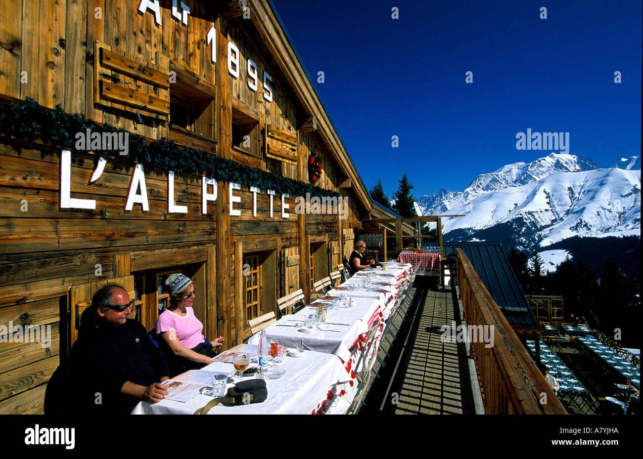 France, Haute Savoie, Megeve, restaurant high up the ski run Stock Photo