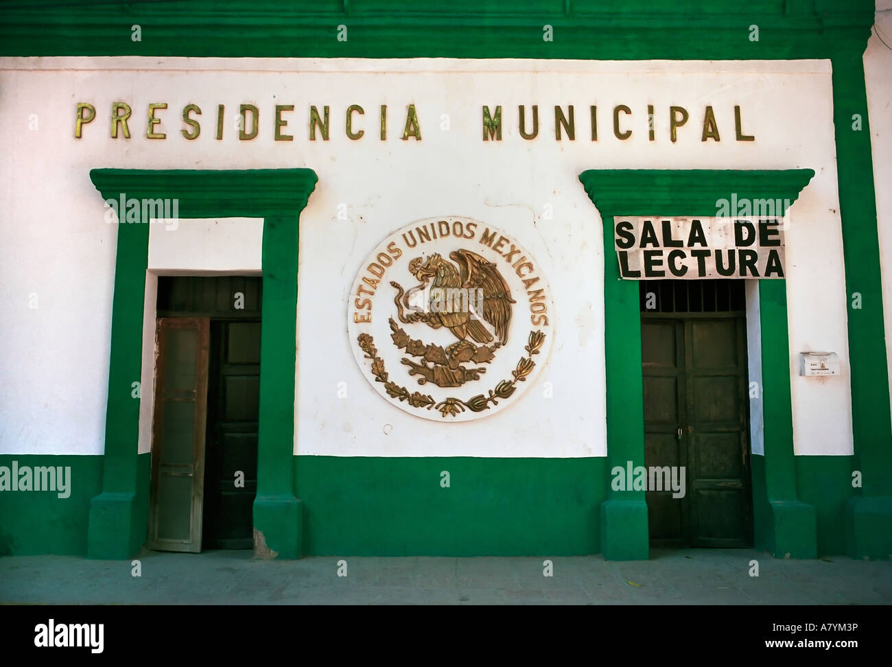 Mexico, Copper Canyon, Batopilas. Town hall of Batopilas, sporting the seal of Mexico Stock Photo