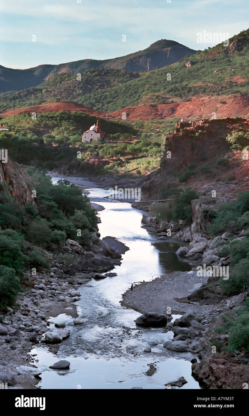 Mexico, Copper Canyon, Batopilas, Satevo. Batopilas river and San Miguel de Satevo church near Batopilas. Stock Photo