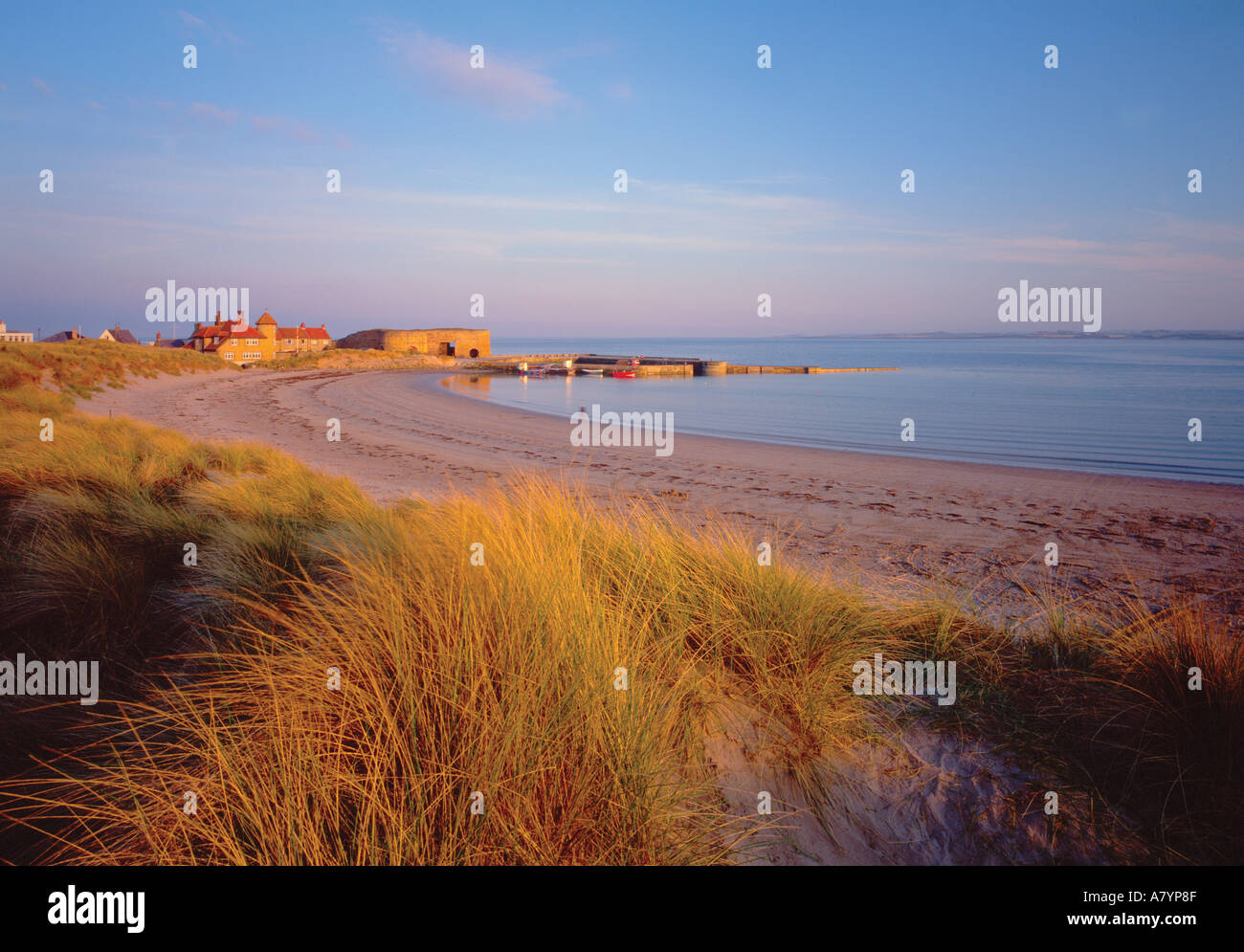 Beadnell Bay and harbour at sunset Northumberland Stock Photo