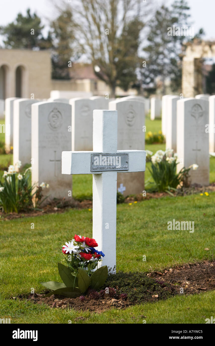 War Grave of a Free French Naval Force soldier Ranville Military Cemetery Calvados Normandy France Stock Photo