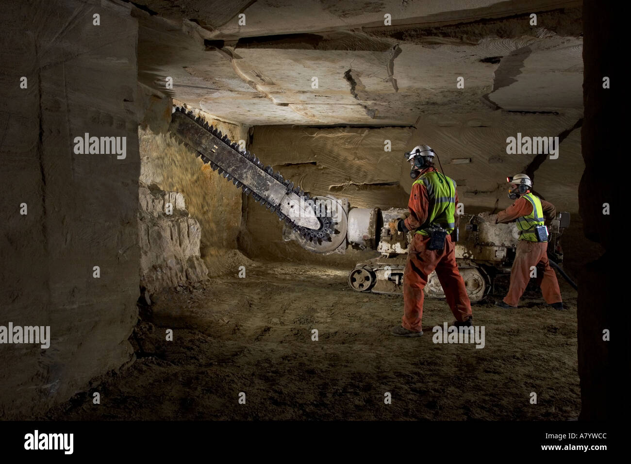 Engineers starting to cut limestone rock face for extracting blocks of