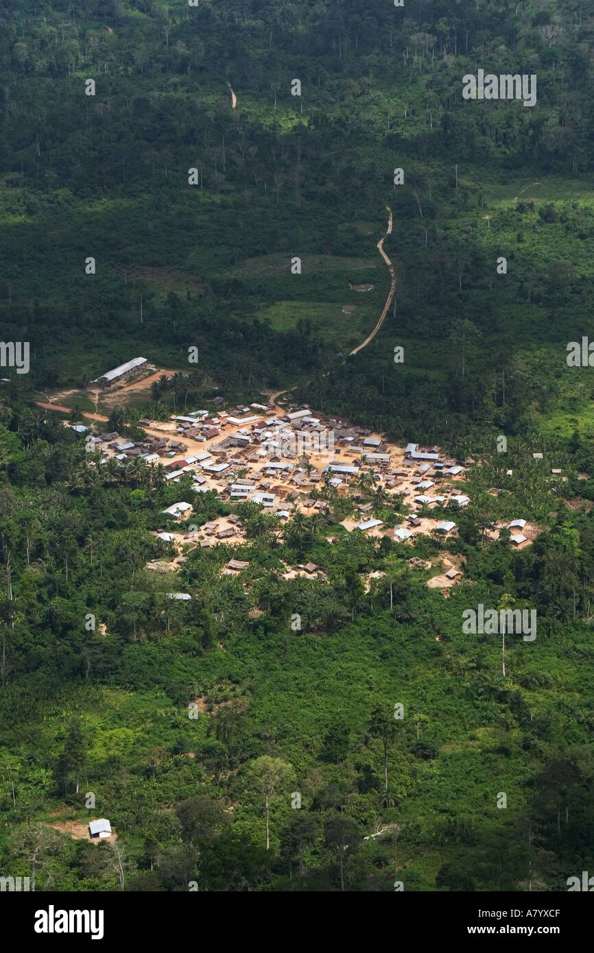 Aerial view of rural expanding and prosperous village showing school to the west, in Western Ghana West Africa Stock Photo