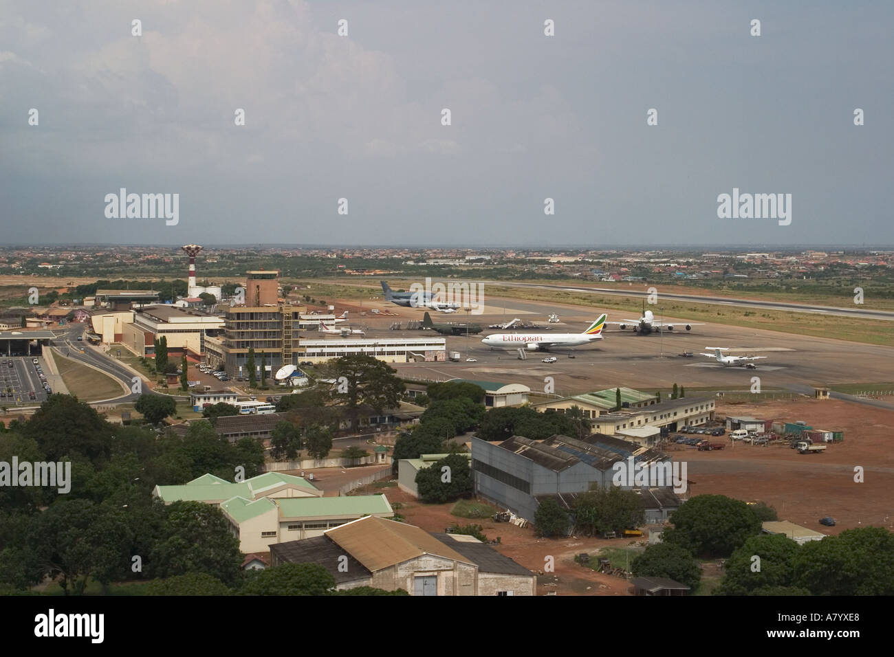 Aerial view from helicopter of Kotoka International Airport, Accra, capital of Ghana, West Africa Stock Photo