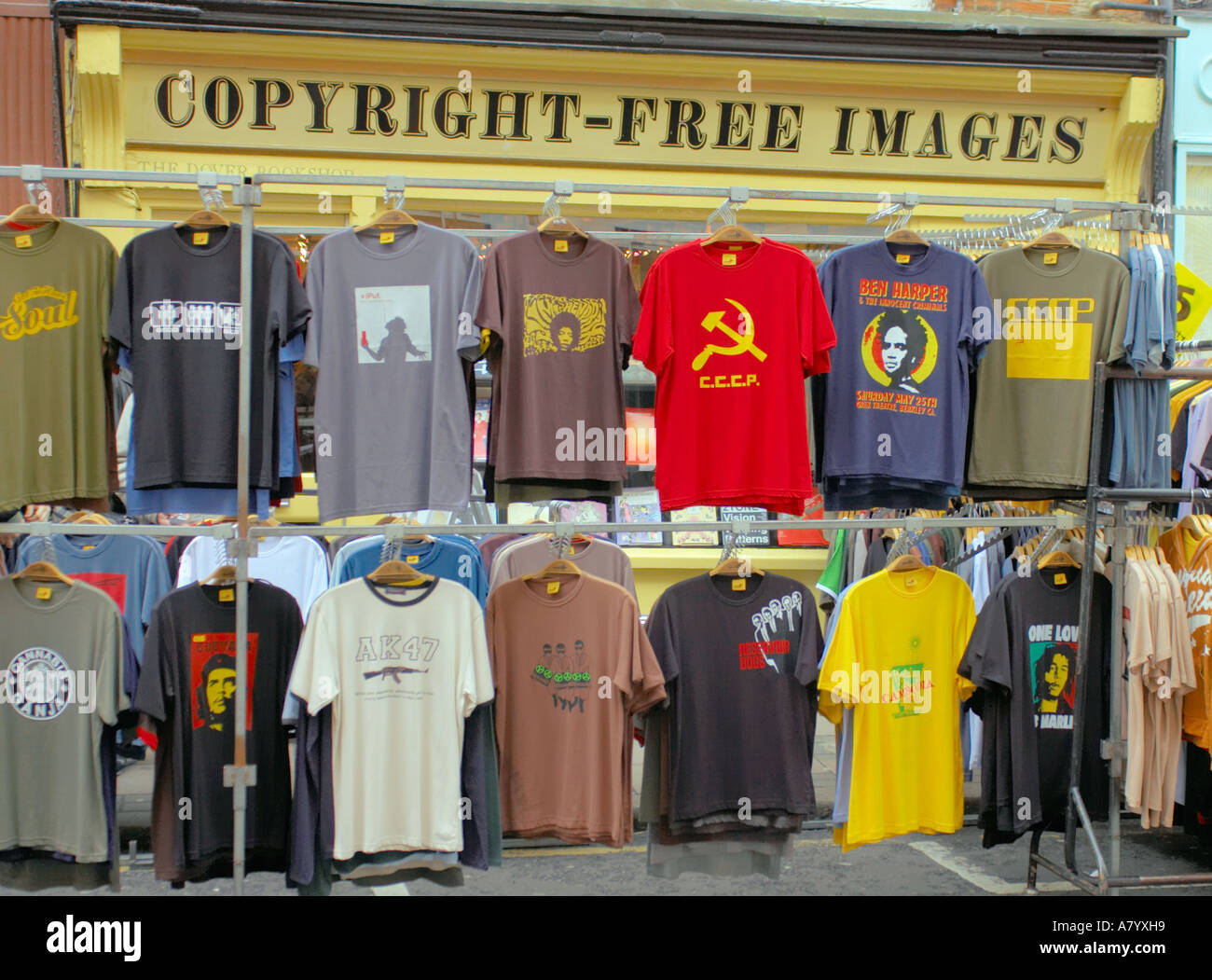 tee shirts at a market stall in Covent Garden London outside a shop with  sign copyright free images Stock Photo - Alamy