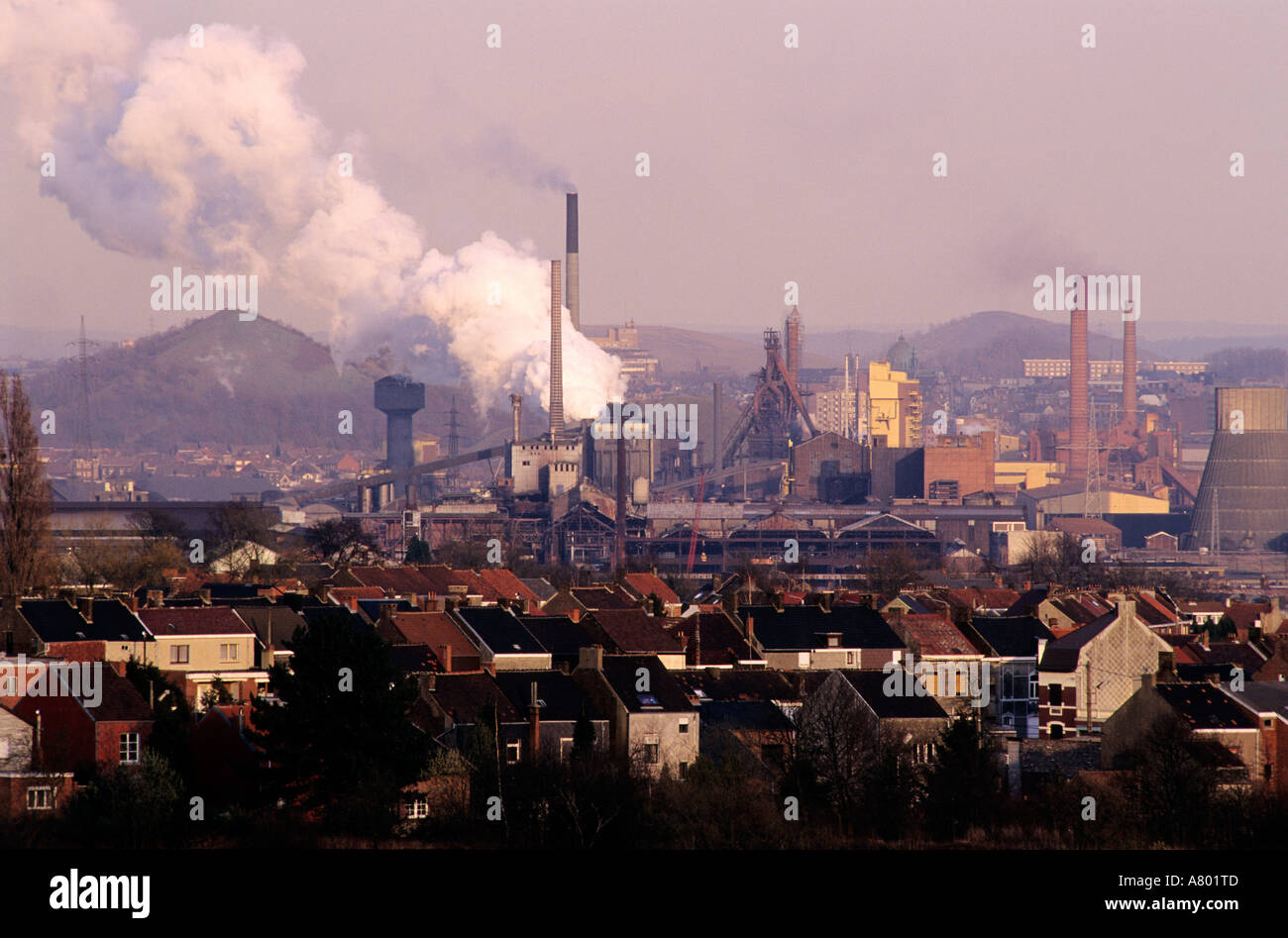 Belgium, Charleroi, residential area and factories with their slag