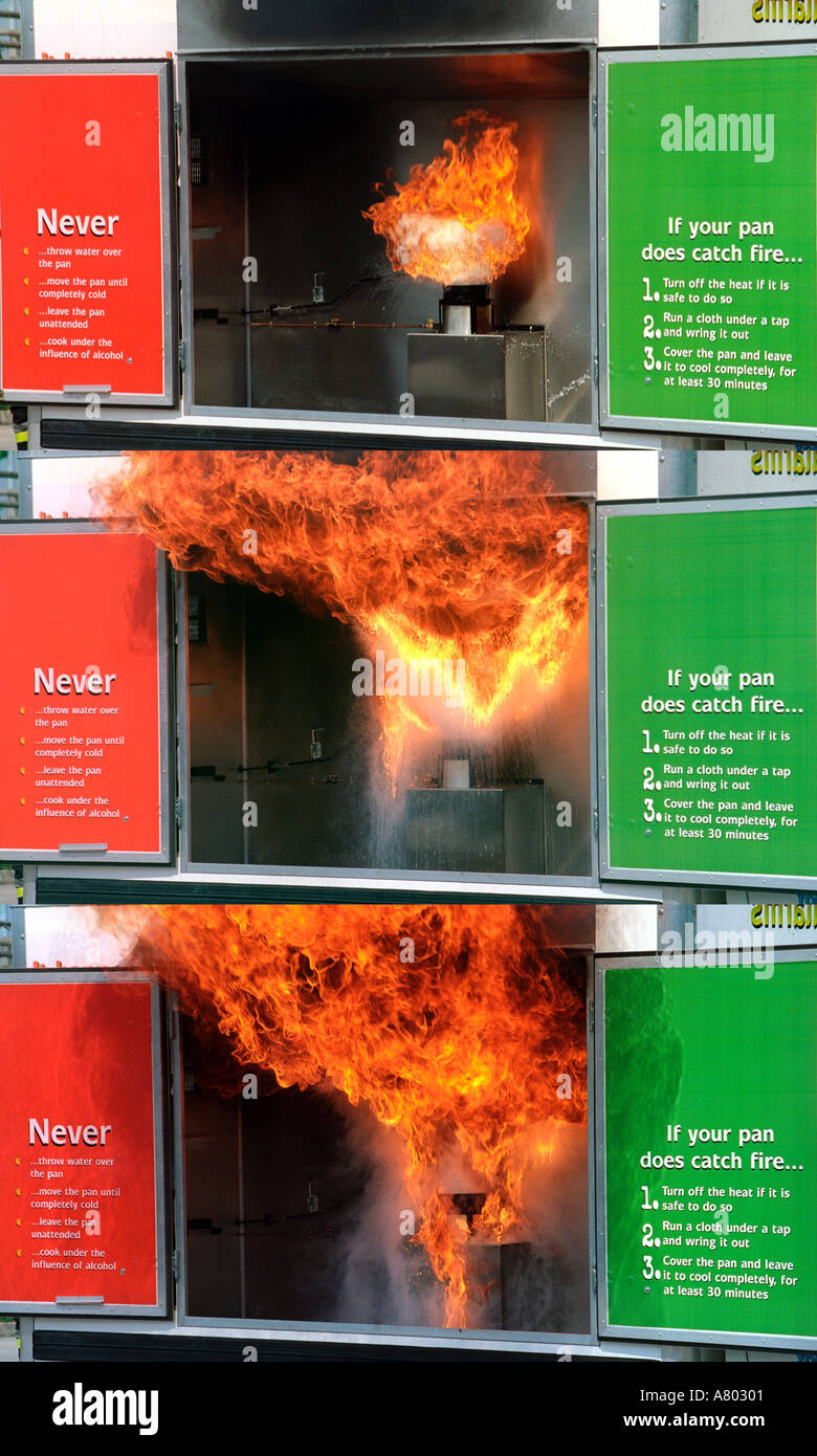 Sequence of three showing a fire safety demonstration of a chip pan