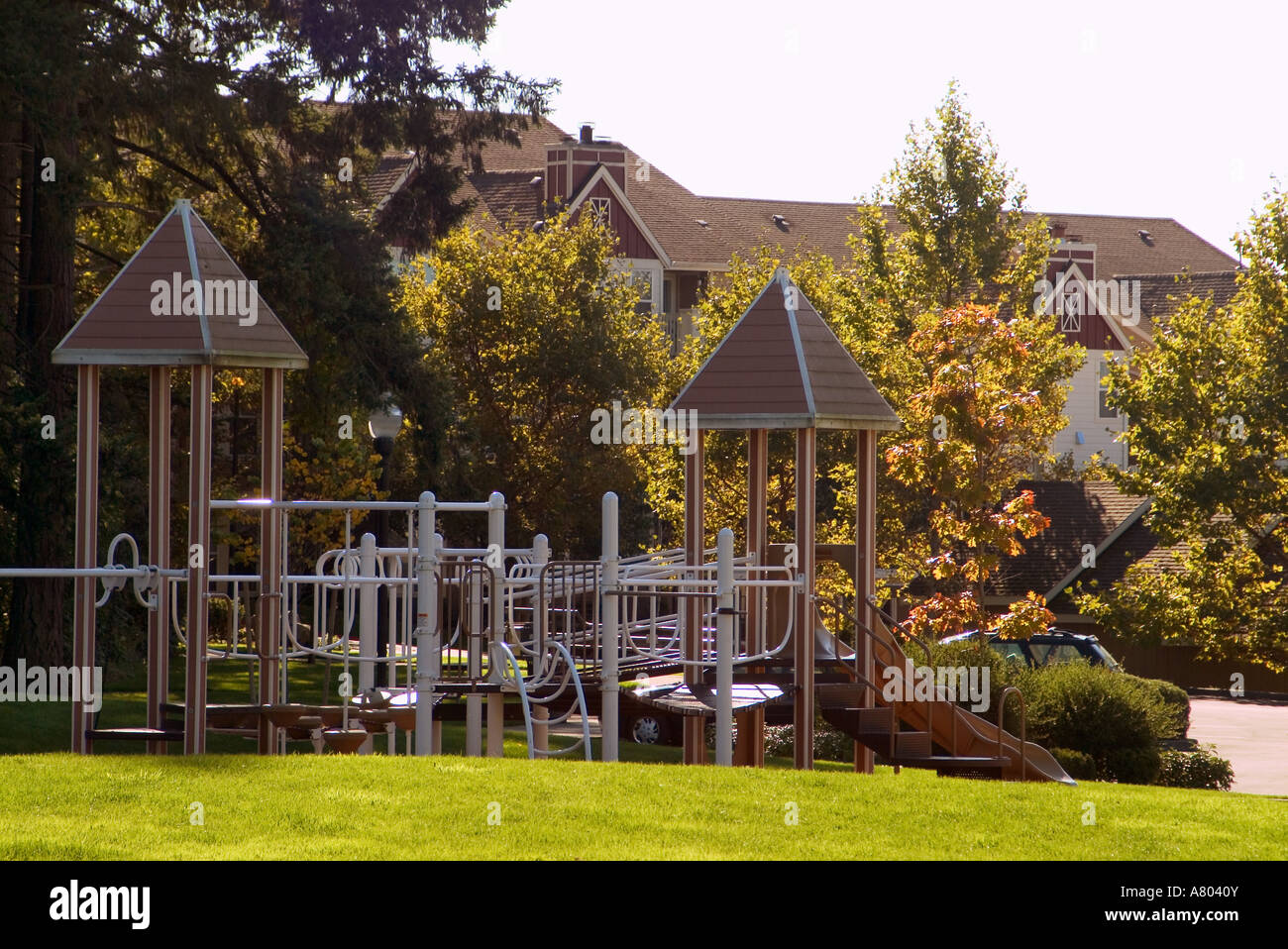 A small playground with new wooden play equipment in a park in the Tannesbourne area of Portland
