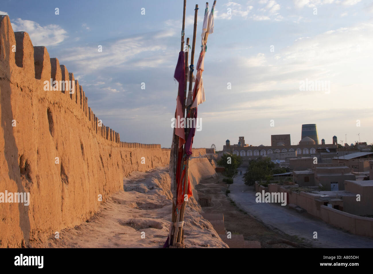 Flags On Khiva City Walls At Dawn Stock Photo