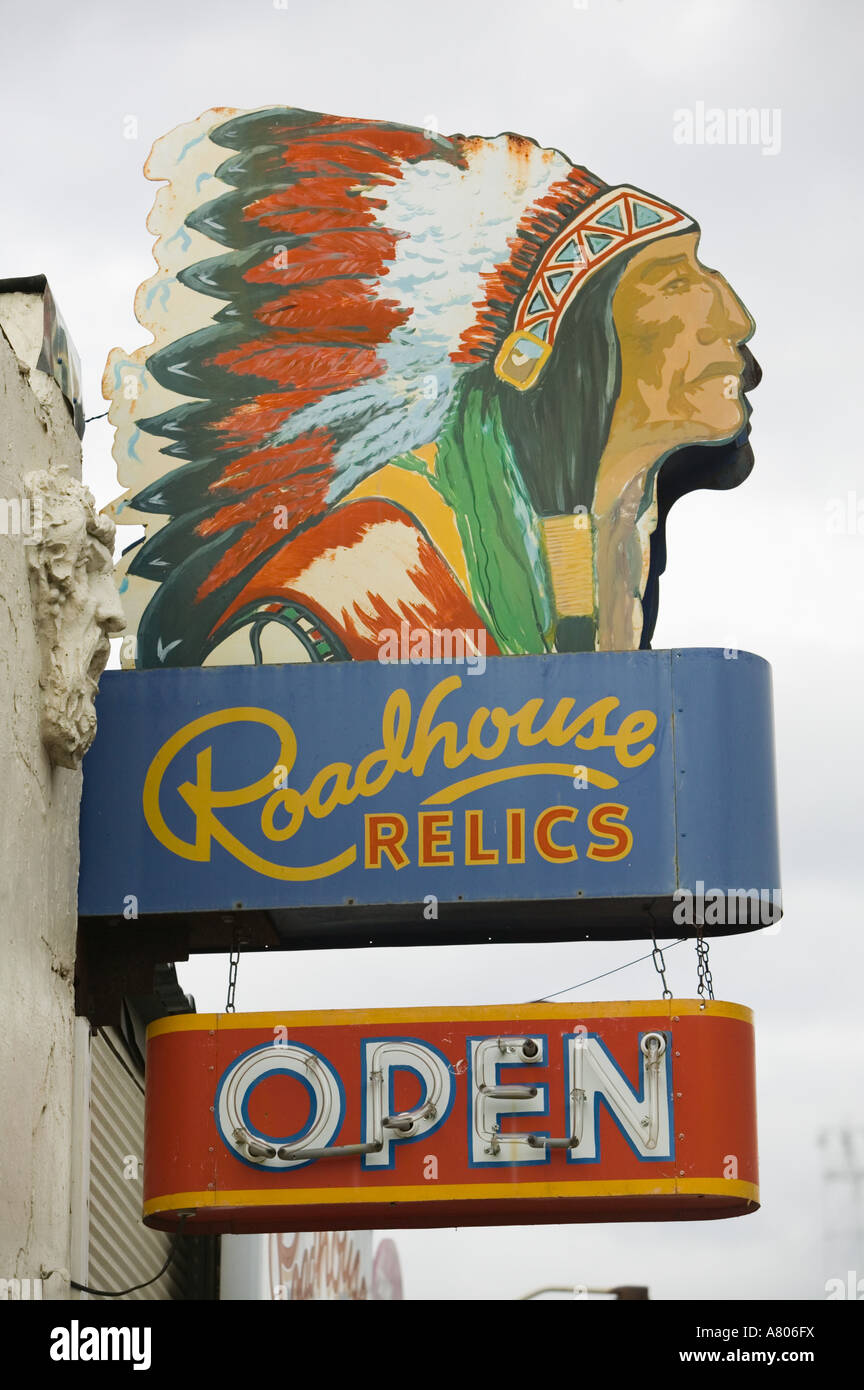 USA, TEXAS, Austin: Hip South Congress Ave. Neighborhood Sign for Roadhouse Relics Antiques Stock Photo