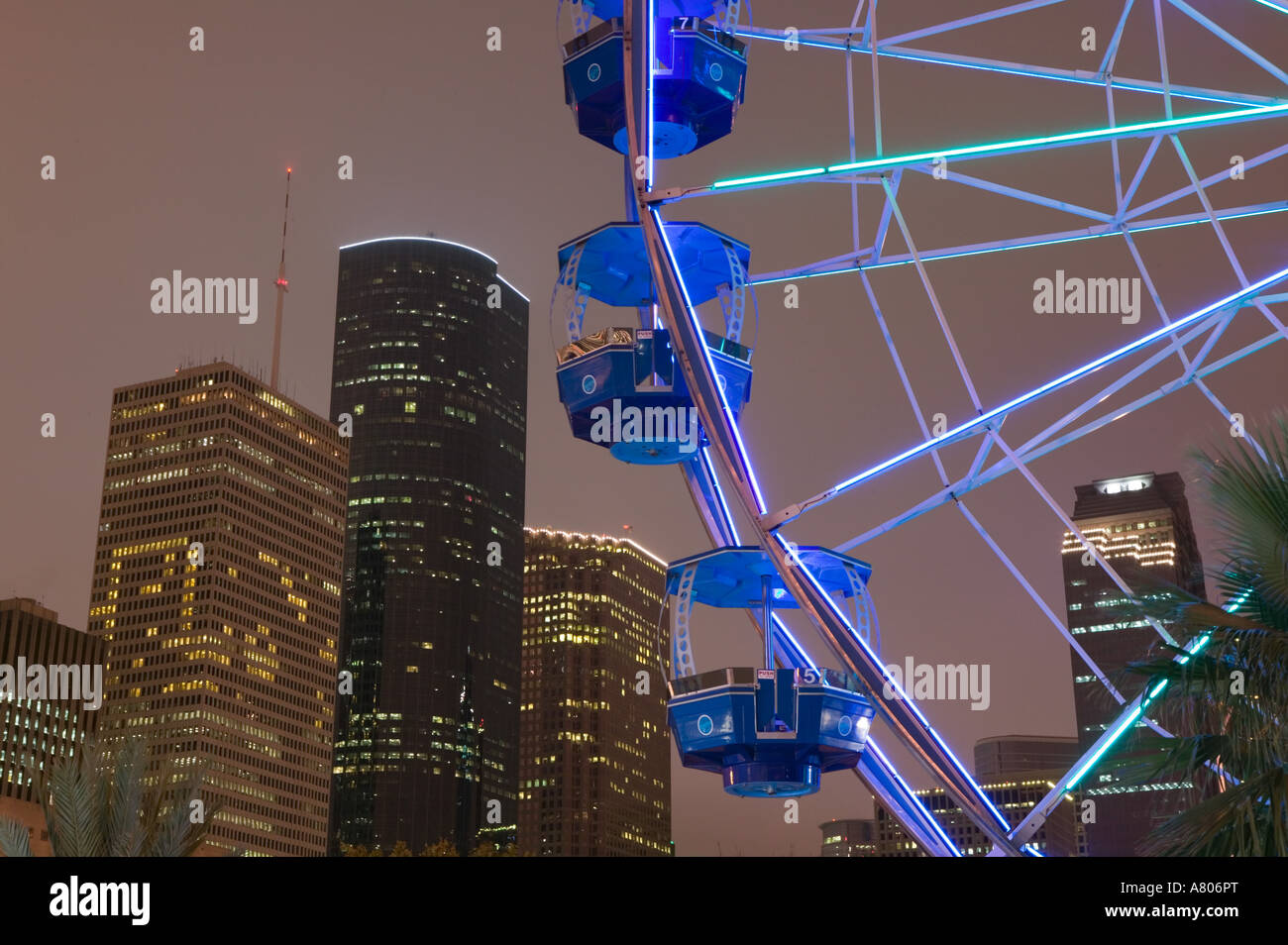 USA, TEXAS, Houston Downtown / Evening with Ferris Wheel Stock Photo