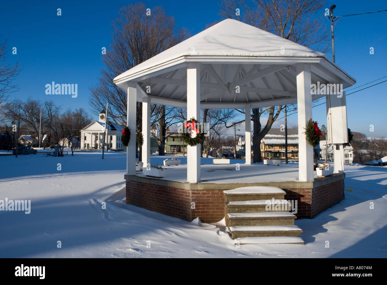 A gazebo at Christmas time in downtown Danville, in Vermont's Northeast