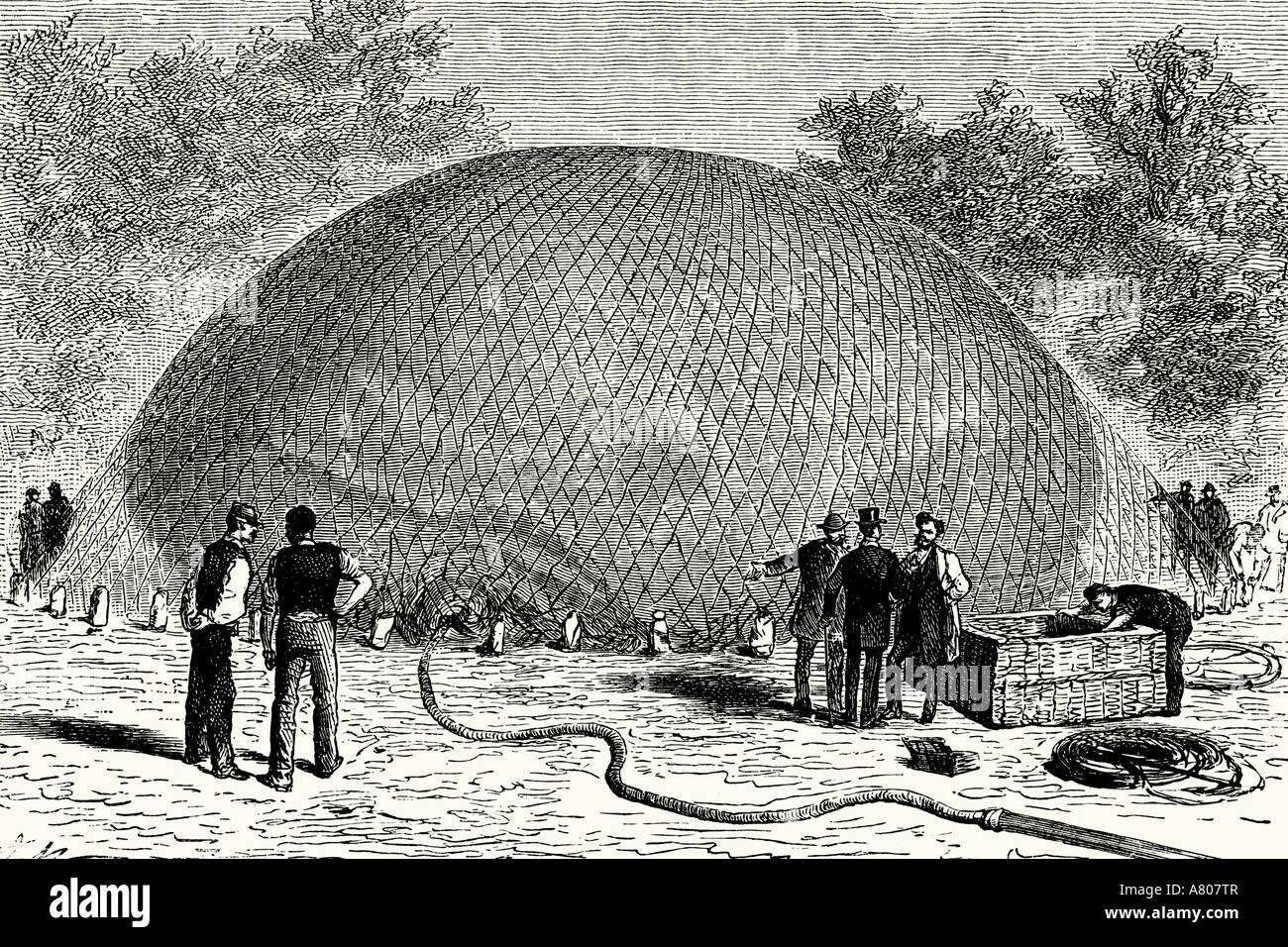 Balloon. Blowing up hydrogen. Antique illustration. 1882 Stock Photo