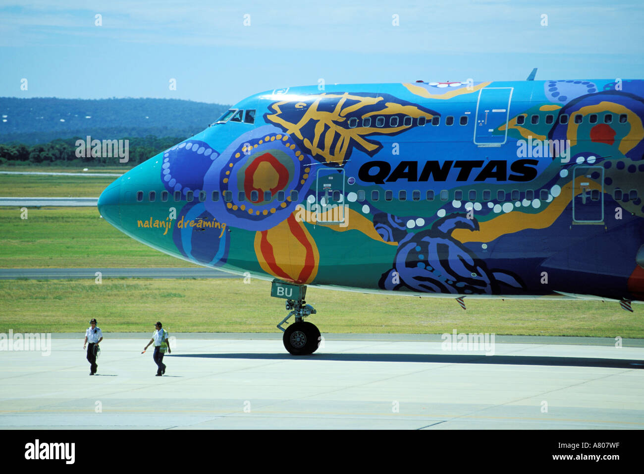 Australia, Sydney, Nalanji dreaming, plane of Qantas, aboriginal art Stock Photo