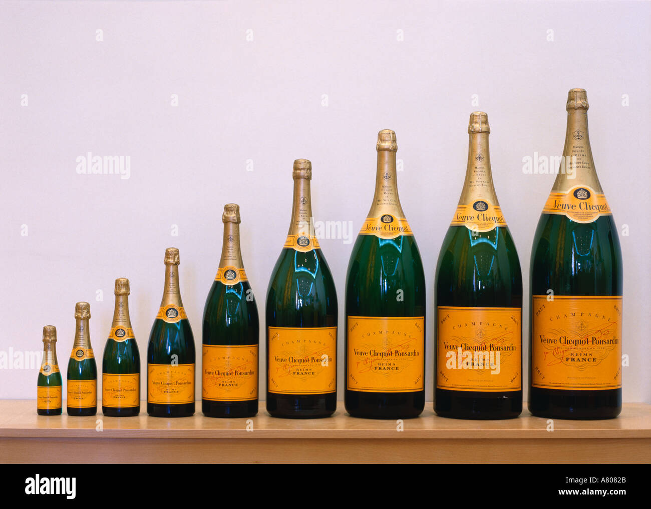 Nine Veuve Clicquot champagne bottles quarter half bottle magnum Stock
