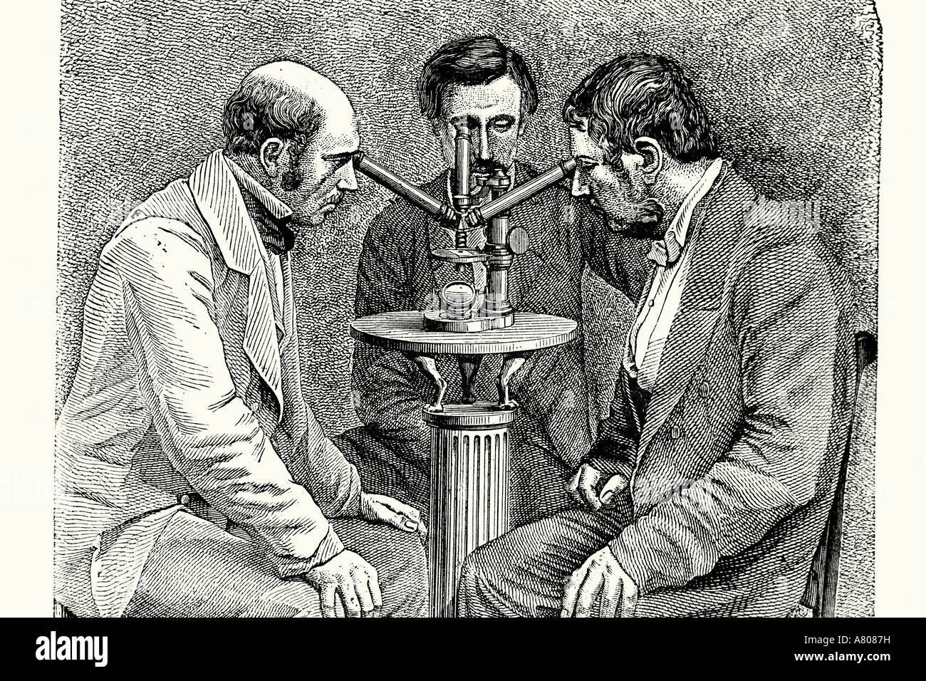 Three lens microscope for simultaneous observations. Antique illustration. 1882 Stock Photo