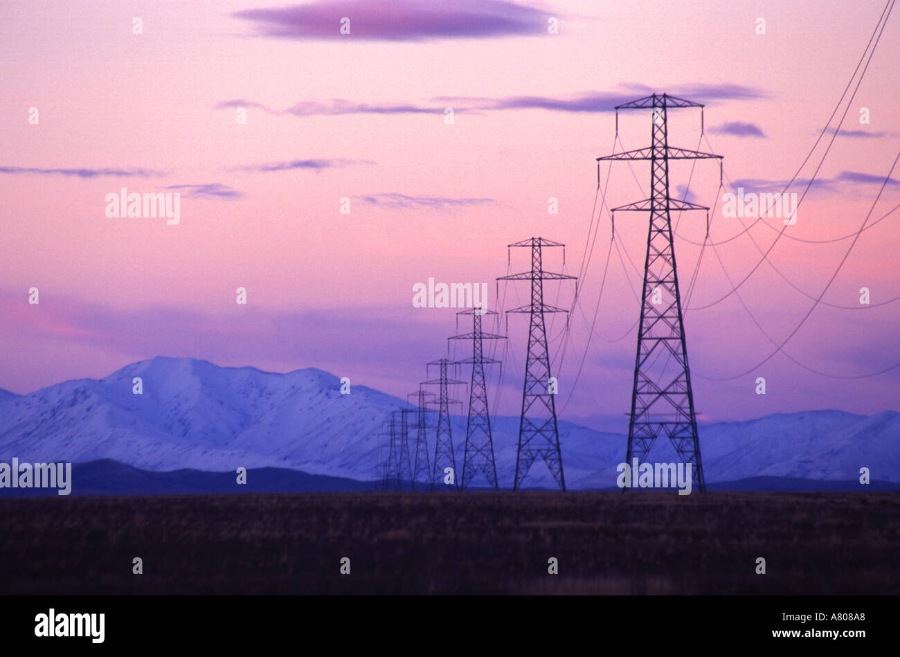 Power Pylons near Twizel Mackenzie Country New Zealand Stock Photo