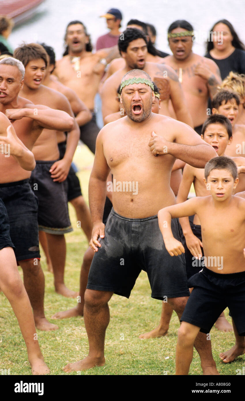New Zealand, North Island, Waitangi, Bay of Islands, Haka, Maori dance, Waitangi Day Stock Photo
