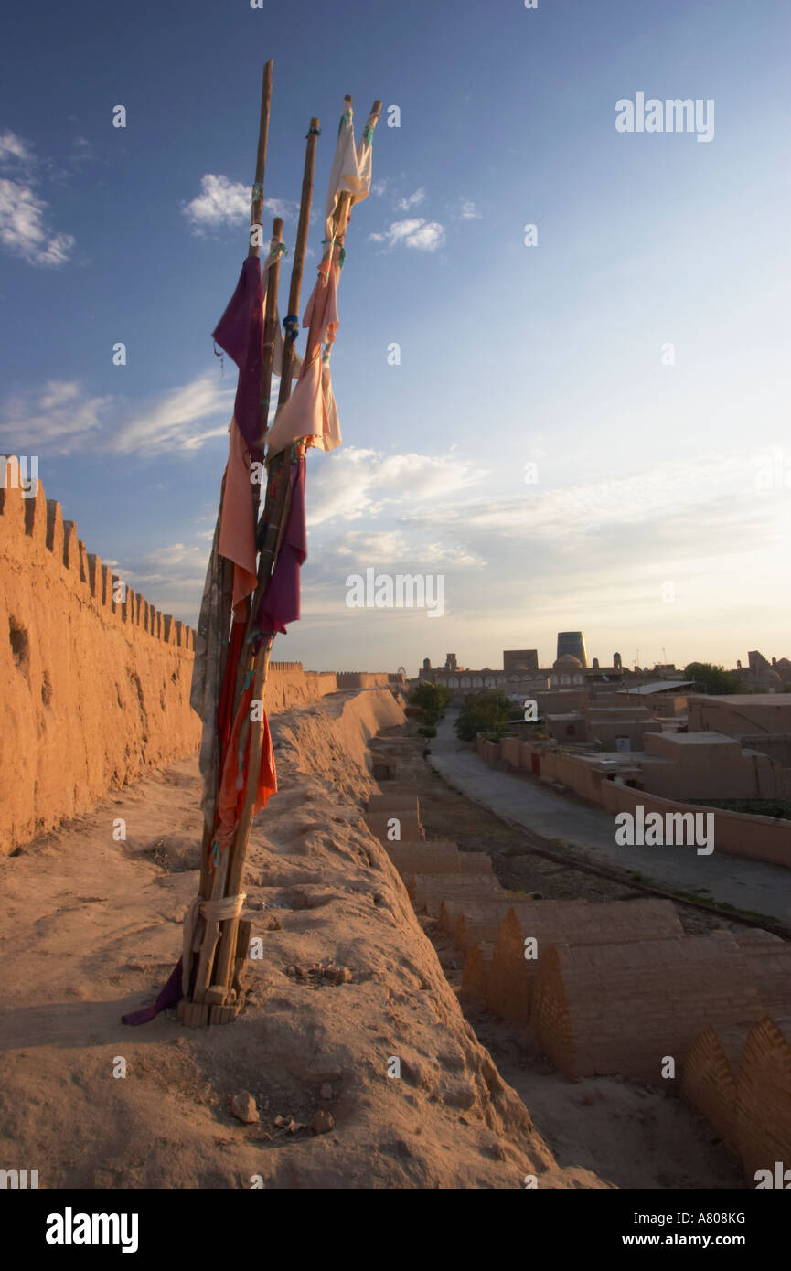 Flags On Khiva City Walls At Dawn Stock Photo