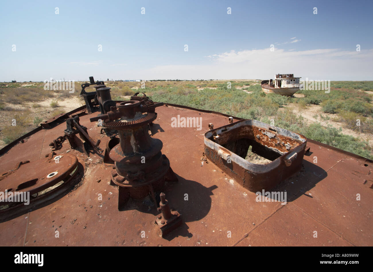 View Of Former Aral Sea From Stranded Fishing Boat Stock Photo
