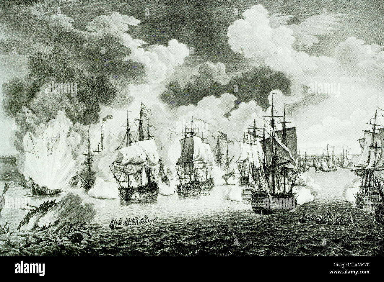 Russian-Turkish war. July 7th, 1770. Destruction of turkish fleet. Egean sea. Antique illustration 1900 Stock Photo