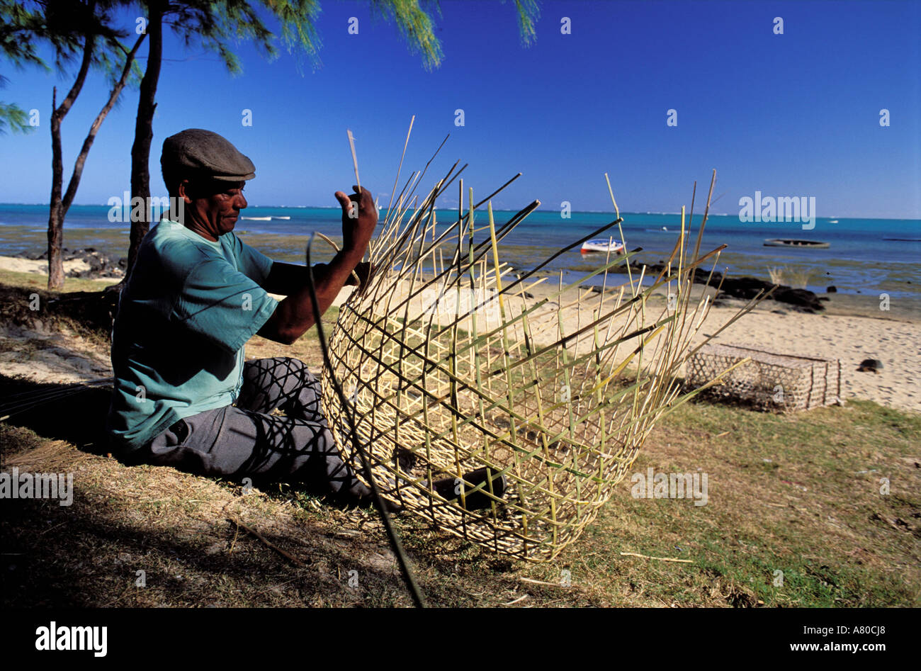 Mauritius Island, Rodrigues island, fisherman making a nacelle Stock Photo